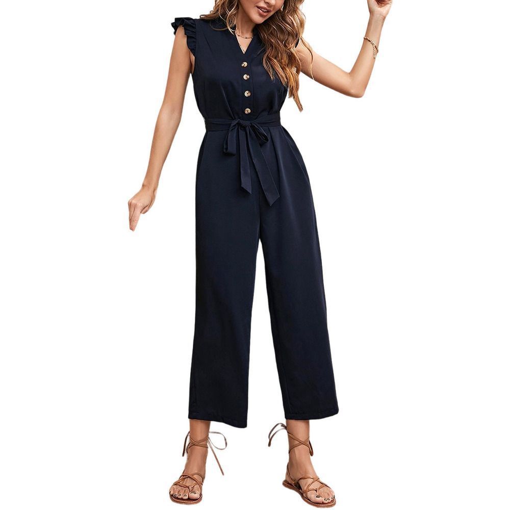 Della Mel Black Button-Front FlutterSleeve Jumpsuit Women Size L